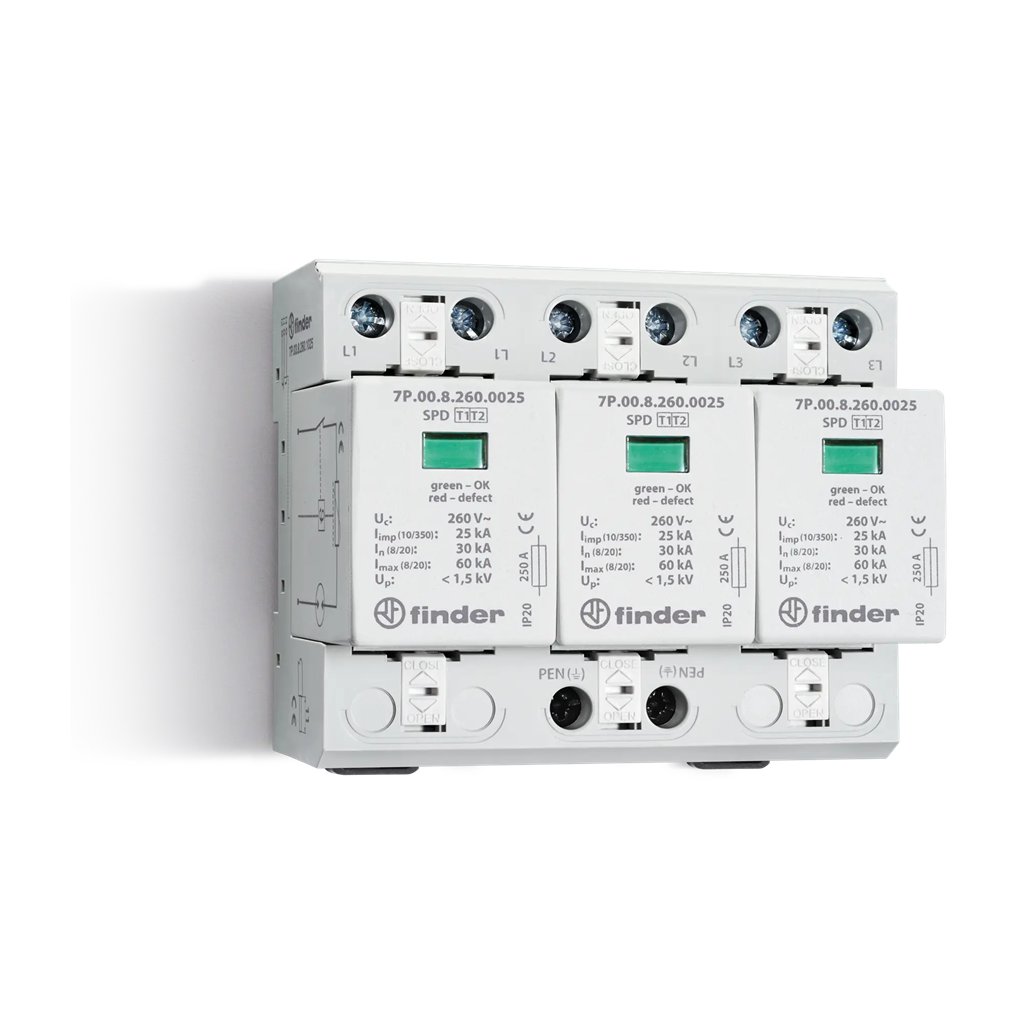7P038255S007 7P.03.8.255.S007 - Finder - SPD Class1+2 Three-phase 3P 255VAC 3+0 7Ka