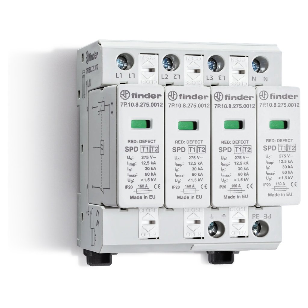 7P1582751012 7P.15.8.275.1012 - Finder - SPD Class1+2 three-phase 4P 275VAC 4+0 12.5Ka