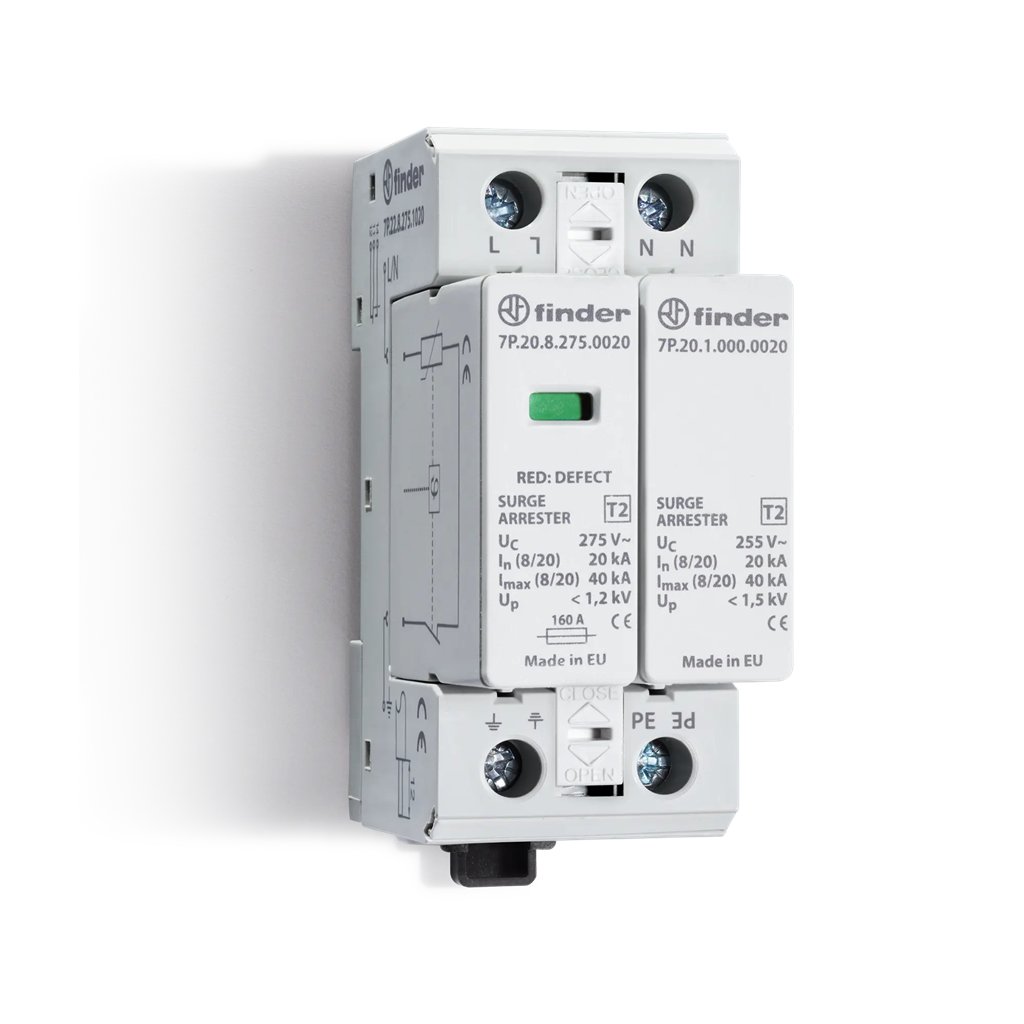 7P2282750020 7P.22.8.275.0020 - Finder - SPD Class2 Single-Phase 2P 275VAC 1+1 20Ka Norem