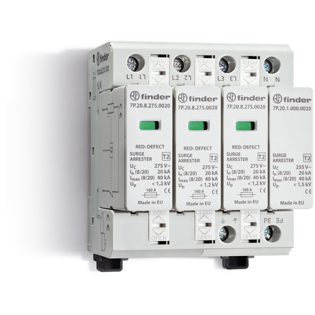 7P2482750020 7P.24.8.275.0020 - Finder - SPD Class2 Three-Phase 4P 275VAC 3+1 20Ka No Rem