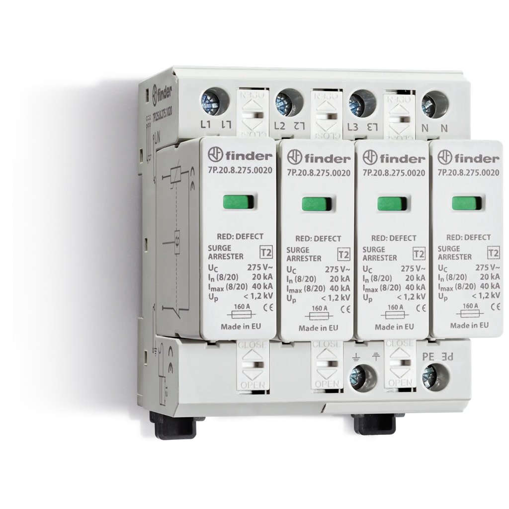 7P2582750020 7P.25.8.275.0020 - Finder - SPD Class2 Three-Phase 4P 275VAC 4+0 20Ka No Rem