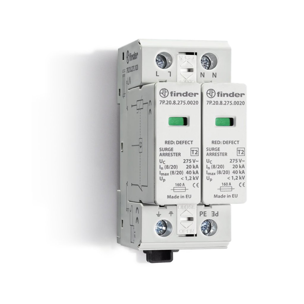 7P2782751020 7P.27.8.275.1020 - Finder - SPD Class2 Single-Phase 2P 275VAC Tn-S 20Ka